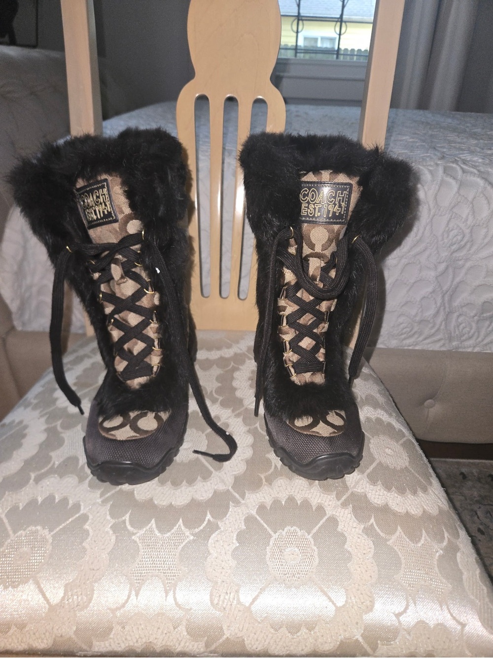 Coach Brown Signature Monogram Fur-Trim Lace-Up Winter Boots